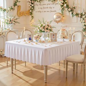 White Square Tablecloth - 48x48 Inch Stretchy Fitted Tablecloths for Square Card Tables with Ruffle Pleated Table Skirt, Wrinkle-Free Spandex Table Cover for Dining, Kitchen, Patio, Banquet & Party