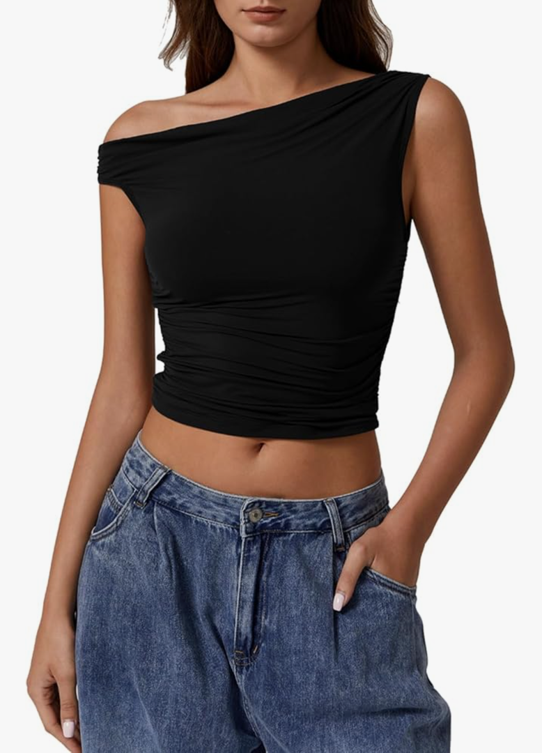 SHEIN Womens One Shoulder Sleeveless Basic Top Double Lined Slim Fit T Shirt Cropped Tee, Large