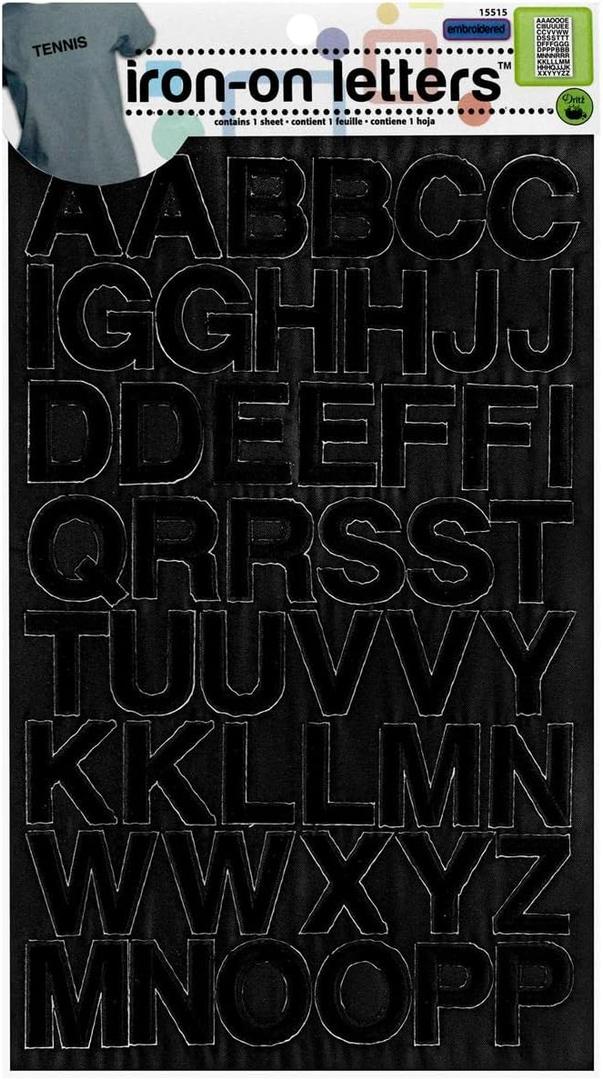 Dritz Iron-on Letters, 1-Inch, Embroidered Block Style, 1 Sheet, Black