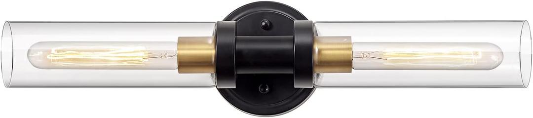 Bathroom Sconces Wall Lighting W/ Clear Glass, 2-Light Bathroom Vanity Light Fixtures, Modern Wall Lights for Mirror Living Room Hallway, Black and Gold Brushed Brass, E26 T10 Bulbs(Excluded)
