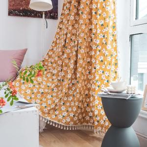 Deeprove Boho Curtain 84 Inch Length, Farmhouse Yellow Florals Print, Cotton Linen Tassels Rod Pocket Semi Blackout Rustic Bohemian Country Window Treatment for Nursery Bedroom 1 Panel, 55''W x 84''L