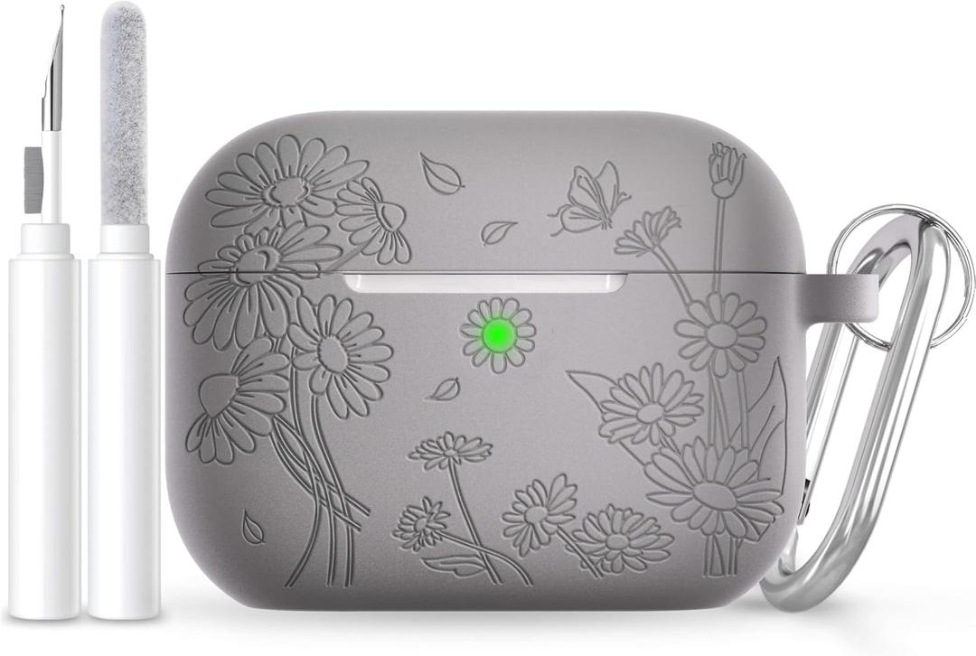 for AirPods Pro 3 Case (2025) DamonLight Daisy Floral Engraved Shockproof Protective Soft Silicone Case Cover with Cleaning Pen and Keychain for Apple Airpods Pro 3rd Generation (Gray)