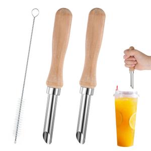 2 Pack Straw Puncher for Plastic Lids Lemonade Cup, Stainless Steel Straw Hole Puncher for Plastic Lids with Wooden Handle Punching Tools for Lemonade Stand Supplies