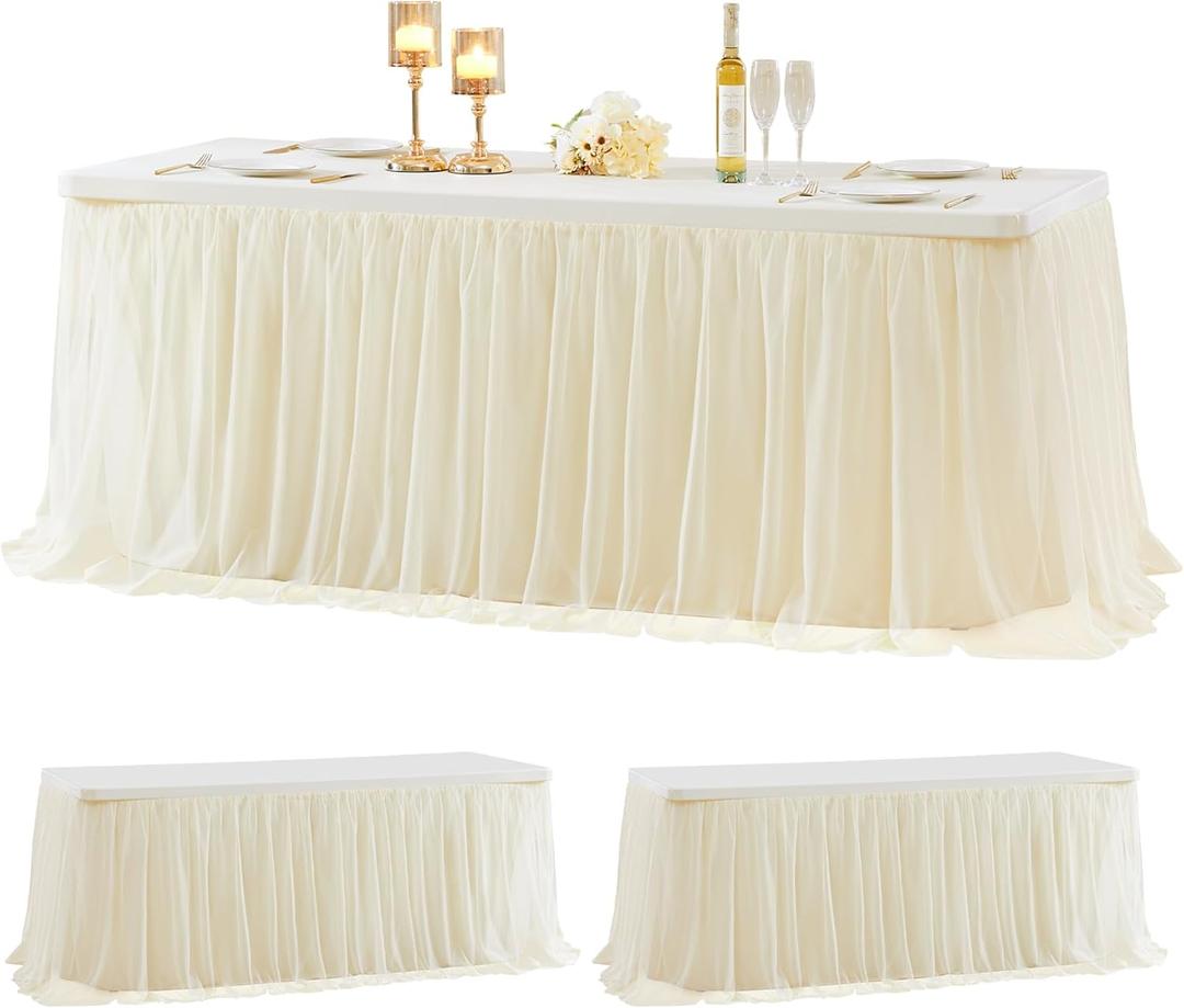 2 Pack Light Champagne Tulle Tablecloth Skirt for 6 Foot Rectangle Tables, Party Table Cloths Ruffle Tutu Skirt Stretch Fitted Table Covers for Baby Shower Wedding Bridal Shower Reception 2 Pack Light Champagne Tulle Tablecloth Skirt for 6 Foot Rectangle Tables, Party Table Cloths Ruffle Tutu Skirt Stretch Fitted Table Covers for Baby Shower Wedding Bridal Shower Reception