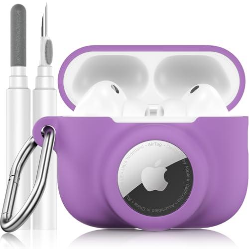 LDSXAY 2 in 1 Silicone Case Compatible with AirPods Pro 3 and AirTag 2/1, Shockproof Protective Case Cover for AirPods Pro 3rd Generation 2025 with Cleaner Kit & Carabiner (Purple)