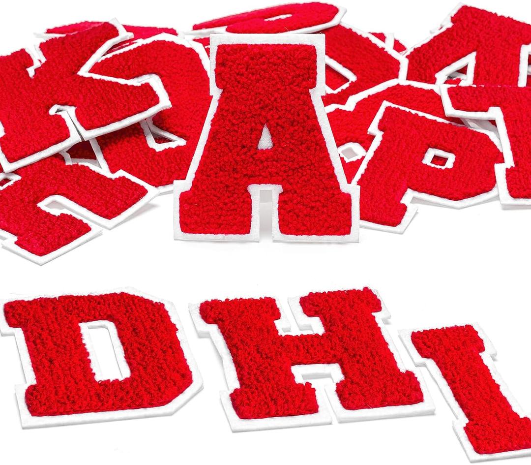 DAHI SHOP Set of 26 - Red - Iron On Chenille Letter Patches - Letterman Patches - Large 3.2" H x 2.4" W Embroidery Letter Patches - Adhesive Iron On Patches for Clothing - Red Varsity Letter Patches