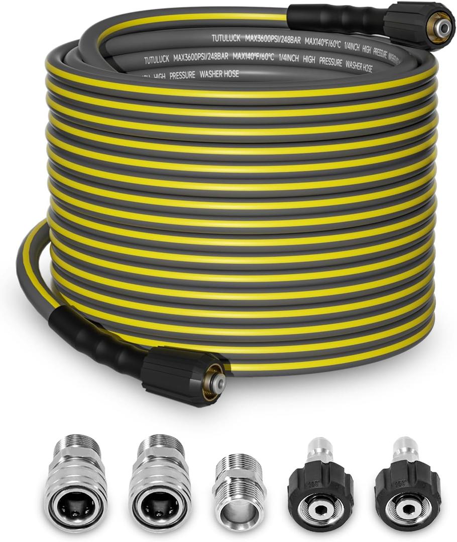 Flexible Pressure Washer Hose 100FT, 1/4'' Kink Resistant 3600 PSI Power Washer Hose Extension with M22 and 3/8" Quick Connection Kit for Gas and Electric Pressure Washers