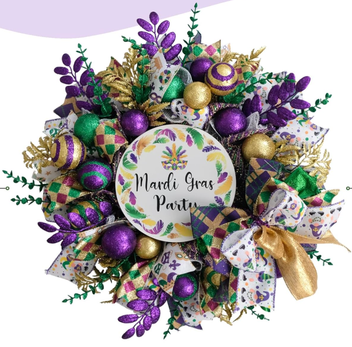 18 inch Mardi Gras Glitter Mesh Wreath for Front Door and Party Decorations, Artificial Mardi Gras Wreath with Mardi Gras Sign Balls Bow, Indoor Outdoor Wall Window Yard Party Home Decor