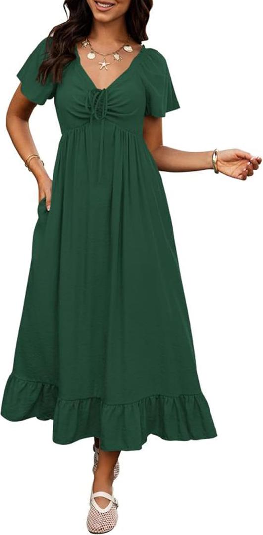 BTFBM Womens Spring Dresses 2026 Casual Short Sleeve V Neck Drawstring Wedding Guest Maxi Dresses Boho Beach Long Dress (Large, Dark Green)