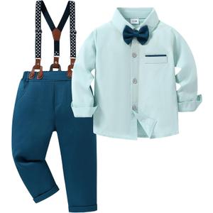 ZOEREA Toddler Baby Boy Suit Clothes Gentleman Wedding Outfits Long Sleeve Dress Shirt + Suspender Pants + Bowtie 1-5T (S)