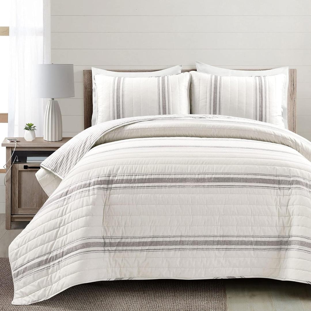 Lush Decor Farmhouse Stripe Reversible Cotton Quilt King Size 3 Piece Set Gray - Farmhouse Bedding Set King Quilt - Striped Bedding