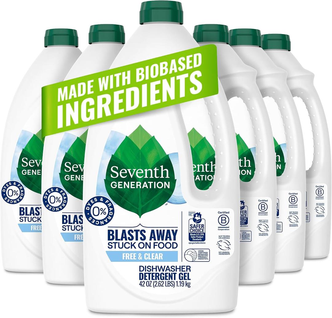 Seventh Generation Free & Clear Dishwasher Detergent Gel, 42 oz, 6 Pack, Targets Grease & Stuck-On Food For A Streak-Free Finish, Fragrance Free