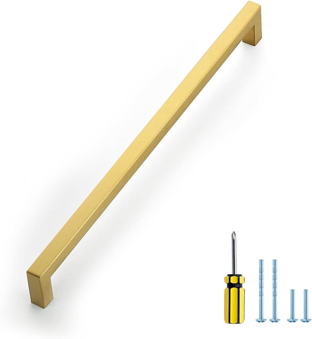 Ravinte Gold Cabinet Pulls Brushed Brass Kitchen Cabinet Handles Come with Screwdriver (11-1/3 in Hole Center, 1 Pack), 11.8"L x 0.5"W