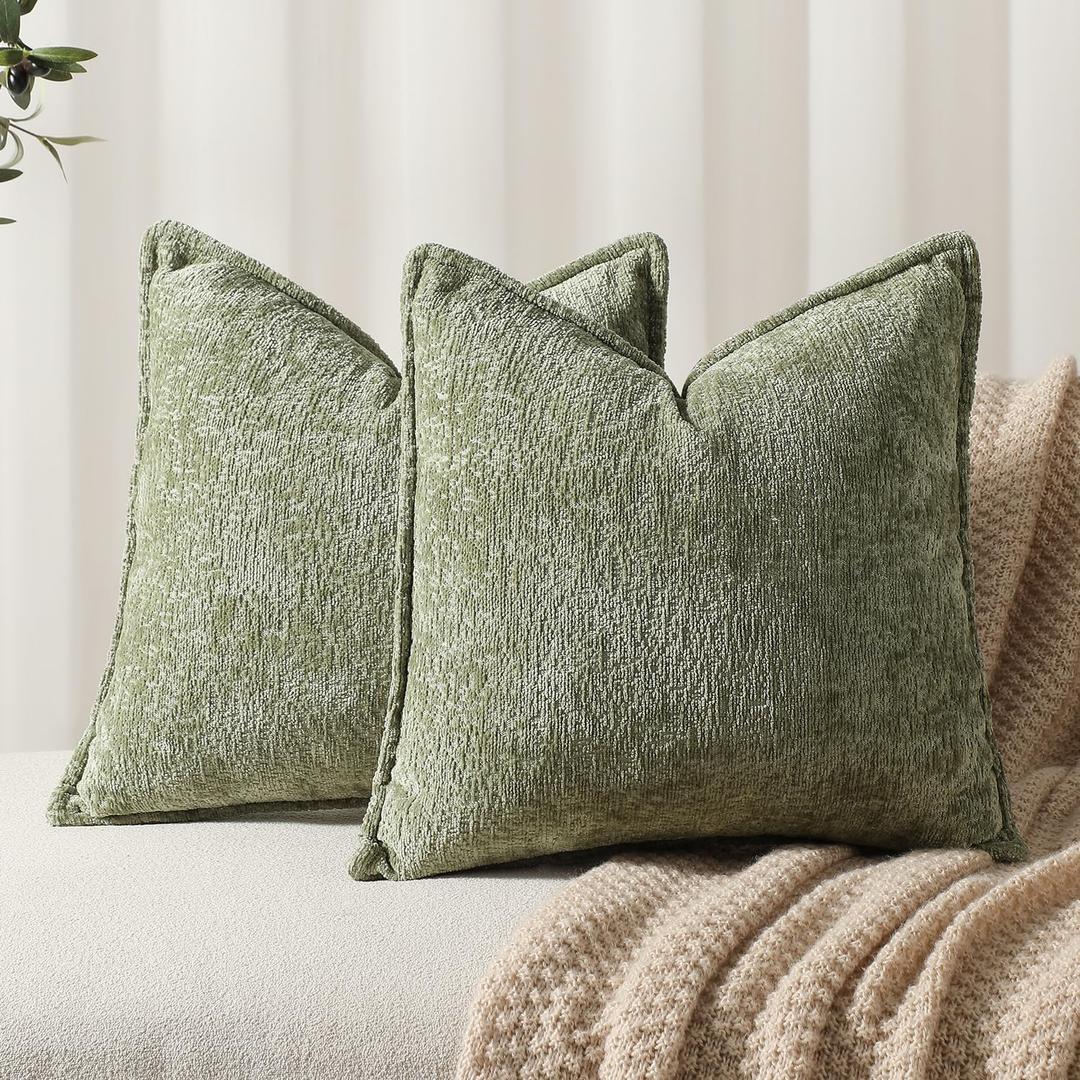 Pack of 2 Sage Green Decorative Throw Pillow Covers 16x16 Cozy Soft Chenille Accent Vintage Square Couch Pillow Covers for Home Decor Bed Sofa Living Room