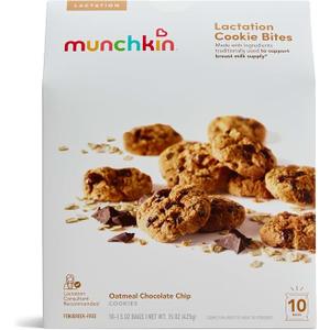 Munchkin Milkmakers Lactation Cookie Bites for Breastfeeding, Oatmeal Chocolate Chip Nursing Snacks, Fenugreek Free, 10 Pouches Exp. 01/29/2027