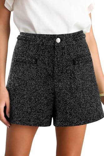 Cicy Bell Womens Tweed Summer Shorts High Waisted Wide Leg Dressy Casual Shorts with Front Pockets Black White