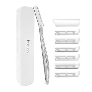 Dermaplane Razor for Women Face, Stainless Steel Handle with 6 Replaceable Blades, Huauoo Face Razors for Women, Peach Fuzz Remover, Eyebrow Trimmer, Dermaplaning Tool for Face Exfoliation (Silver)