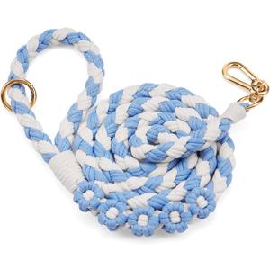 Handmade 5ft Braided Cotton Dog Leash with Unique Floral Handle, Durable and Stylish, Ideal for Small to Large Dogs, Blue & White Color