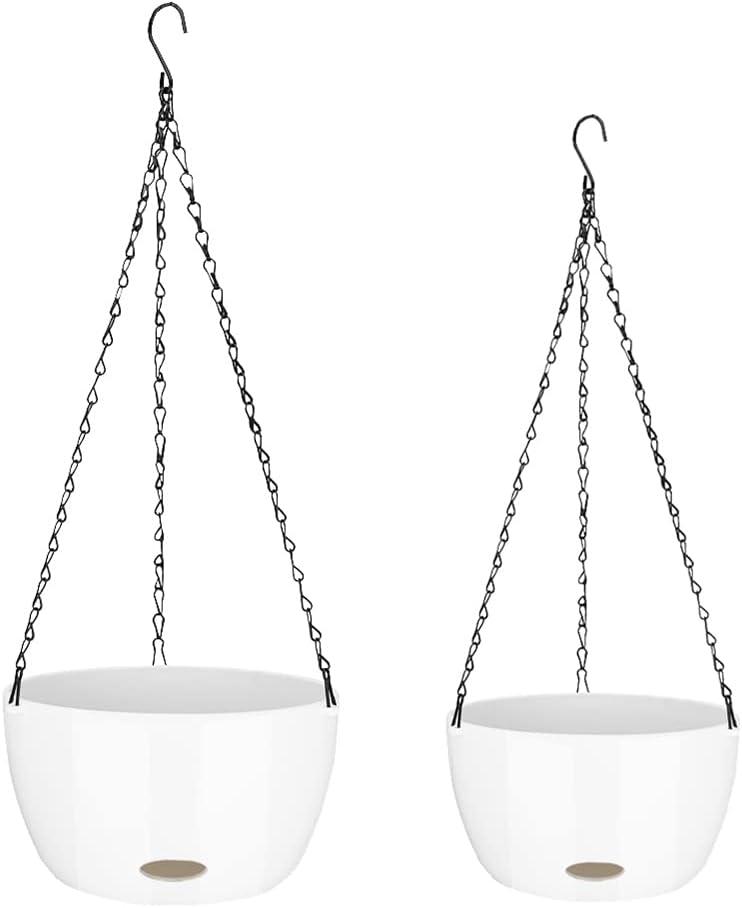 Sungmor Self Watering Hanging Planter for Indoor Plants, 9.4" & 11.2" 2-PACK Large White Plastic Hanging Basket, Garden Flower Pots with Hanging & Standing Design, Thickened Sturdy Drainage Plant Pots
