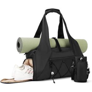 Gym Bag for Women, Yoga Mat Bag with Shoe Compartment and Wet Pocket, Sport Yoga Gym Bag with Yoga Strap, Carryall Yoga Tote Bag (Black)