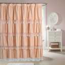 Elegant Peach Pink Shower Curtain with Handmade Ruffles and Lace Trim, 72" x 72" Soft Microfiber Shower Curtains for Boho, Farmhouse, and Vintage Bathroom Decor, Machine Washable