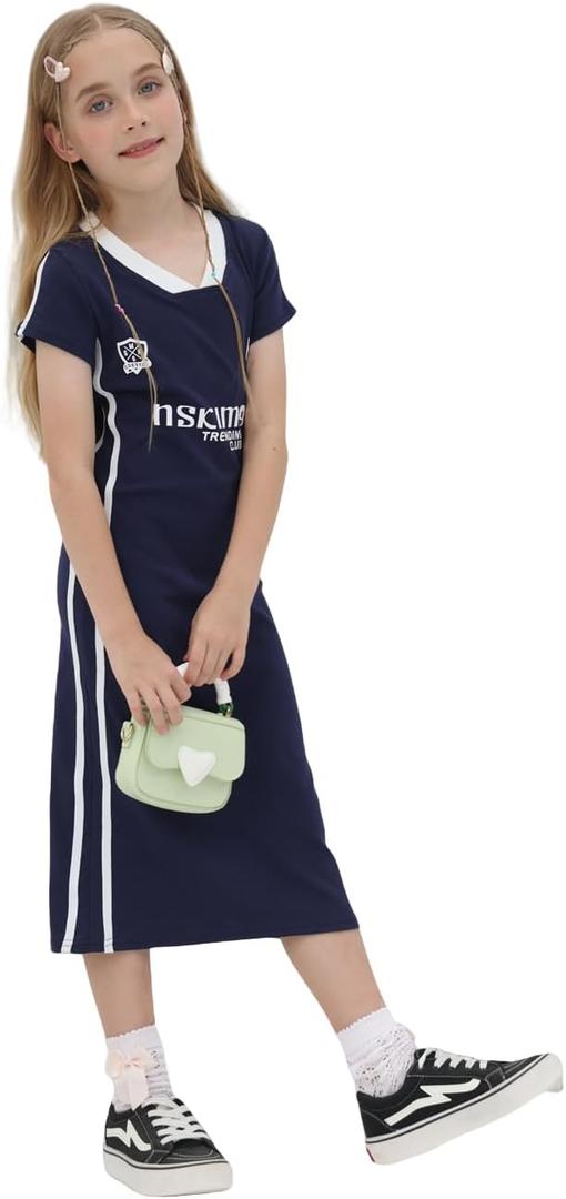 Girl's T Shirt Long Dress, Maxi Cotton T-Shirt Dress for Children Casual V Neck Short Sleeve Letter Print 4-13 Years (Blue)