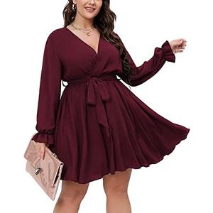 SCOMCHIC Women's Plus Size Long Sleeve Wrap V Neck Tie Waist A Line Mini Dress XL