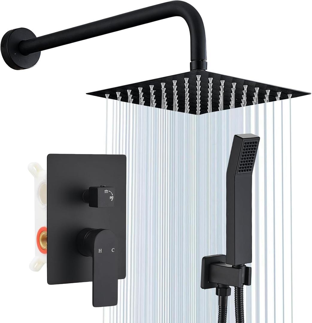 Shower Faucet Set Matte Black Shower System Knob Switch Diverter with High Pressure Handheld Spray Wall Mount 8 Inch Shower Head