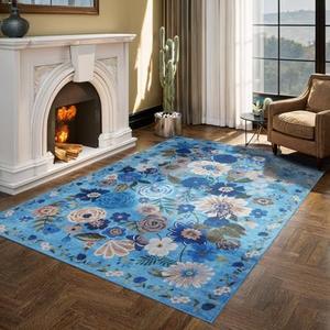 Area Rug 4x6 Rug Washable Boho Rugs Non Slip Low Pile Floral Small Carpet for Bedroom, Bedside, Kids Room, Office, Dining Room(4 x 6, Blue Garden)