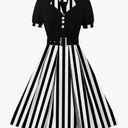 IBTOM CASTLE Women's 1950s Vertical Striped Neck Tie Vintage Button Down Cocktail Fancy Halloween Cosplay Dress L