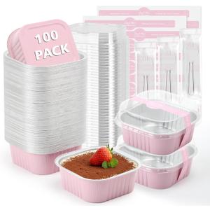 Ruckae 10oz 100 Pcs Square Mini Loaf Pans with Lids-Disposable Foil Dessert Containers,Mini Cake Pans with Lids,Aluminum Dessert Cups for Parties and Weddings (Pink, 10oz)