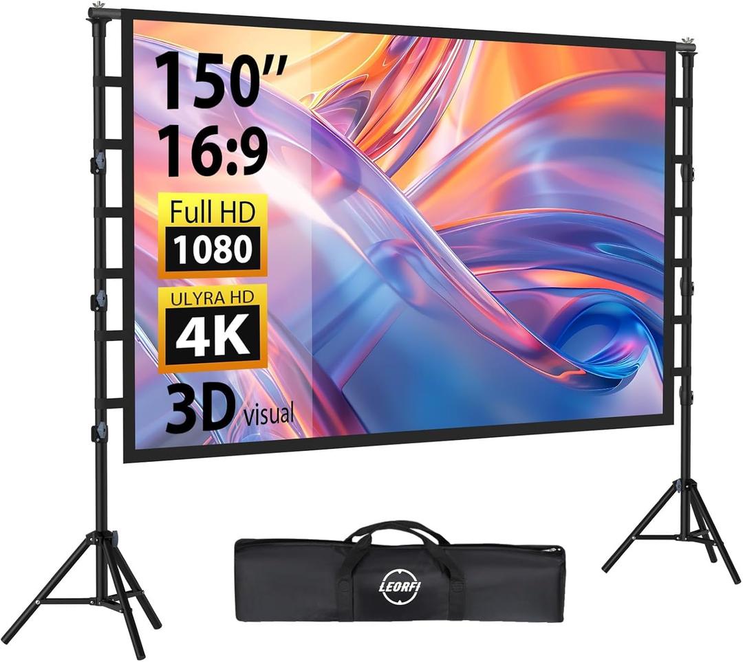 Outdoor Projector Screen with Stand: LEORFI 150 inch Projector Screen Portable, Indoor Projections Screen and Stand, Rear Front Movie Screen 16:9 4K Full HD,Support Height Adjustable for Home Theater (150"(131" x 110.2"))
