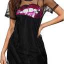 Women's Mesh Sheer T Shirt Dress Sequin Lip Graphic Crew Neck Short Sleeve Party Mini Dresses L