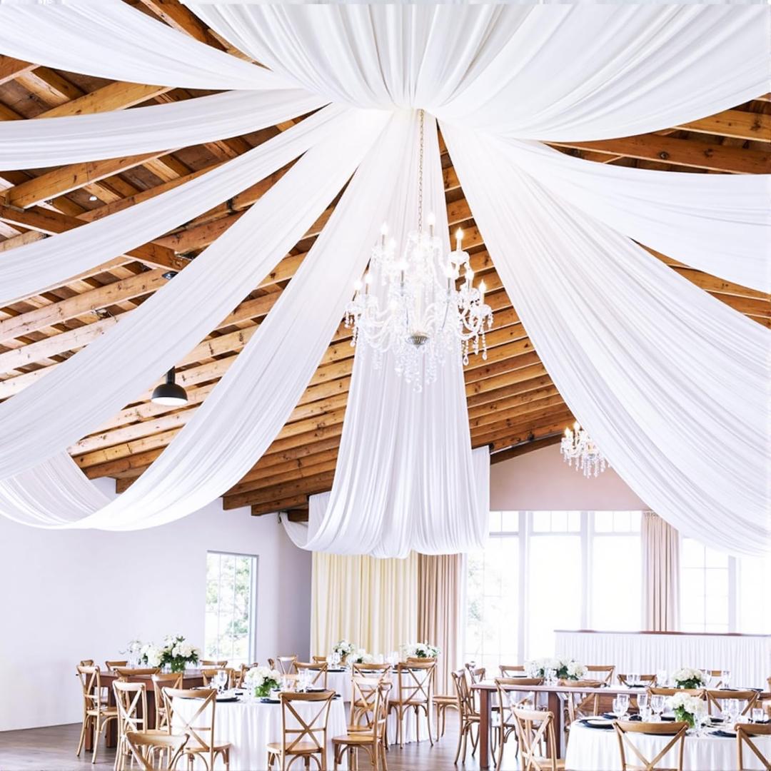 6 Panels 5ftx30ft White Ceiling Drapes for Wedding Parties, 60"W x 360"L