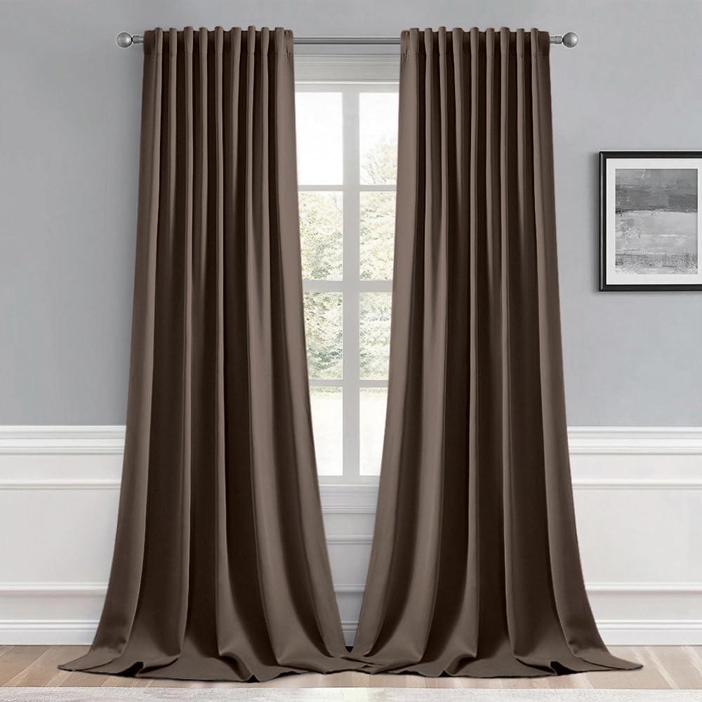 MIULEE Chocolate Brown Back Tab Blackout Curtain 96 Inch Long 2 Panels Set for Bedroom, Rod Pocket/Pinch Pleat Thermal Insulated Living Room Darkening Pleated Light Blocking Floor to Ceiling Drape