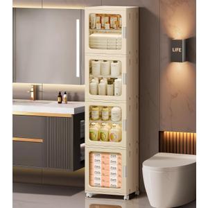 4-Tier Tall Narrow Bathroom Storage Cabinet with Doors and Adjustable Shelves Slim Foldable Cabinets with Wheels Small Spaces Plastic Organizers for Kitchen Laundry Room Bedroom Pantry,Beige