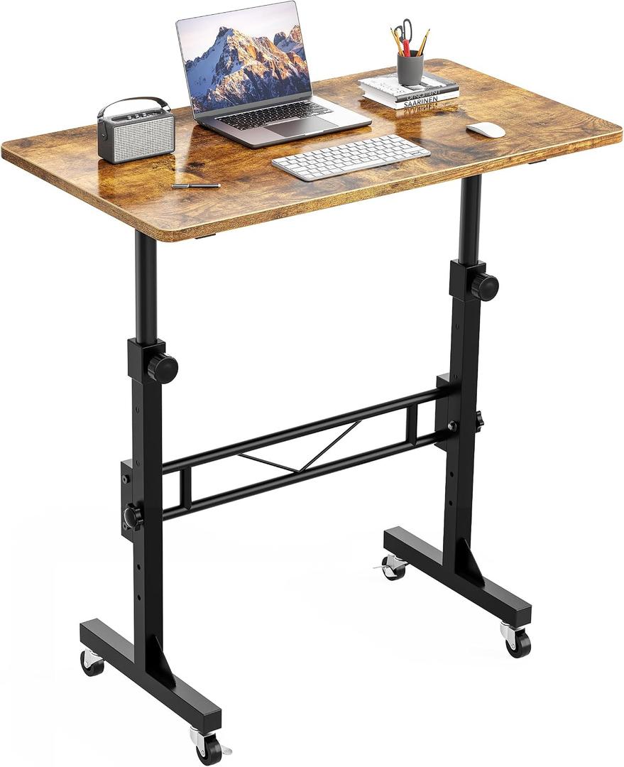 Standing Desk, 32 Inch Portable Small Desk Adjustable Height, Rustic | Rolling Home Office Desks with Wheels, Sit Stand Desk for Bedroom Walking Pad Home Office Small Space