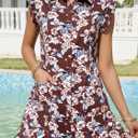 Wenrine Womens Summer Floral Mini Dress Casual Button Down Collared Ruffle Loose Boho Beach Shirt Dresses with Pockets (M)