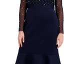 London Times Women's Dresses Midi Dress - Sheer Mesh Long Sleeves Sequin Embellished Yoke - Fitted Skirt with Flounce Hem - Elegant Cocktail Dresses, Navy, 14