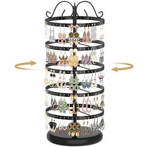 MODOWEY 5 Tiers Metal Rotating Earring Holder Organizer Stand Adjustable Display Tree, 220 Holes Large Carousel Rack for Stud Hoop Pierced Dangling Women Girls, Perfect View for All Earrings(Black)