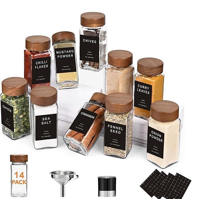 Yangbaga 14Pcs Glass Spice Jars with Labels 4oz Acacia Wood Lid Square Spice Containers with Pepper Grinder Lids &Funnel,Seasoning Jars for Rack Cabinet Drawer