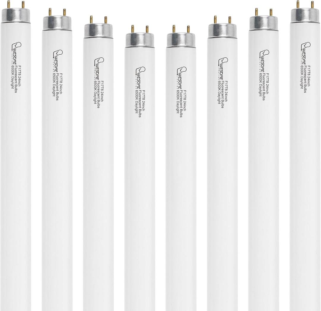 8 Pack 24 inch F17T8/865 Fluorescent Light Bulb, 17 Watts, 6500K Daylight, T8 2 Foot Straight Fluorescent Replacement Tube, G13 Bi-Pin Base