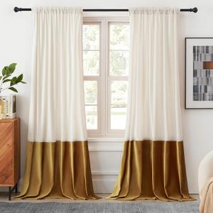 Velvet Curtains 90 inches Long for Living Room Cream Ivory Gold,2 Panels Blackout Curtains Modern Color Block Back Tab Rod Pocket Soundproof Drapes for Bedroom Window Decor