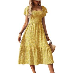 SKAYS Women's Square Neck Floral Dress Puff Sleeve Autumn Casual Ruffle Long Dress (Yellow) M