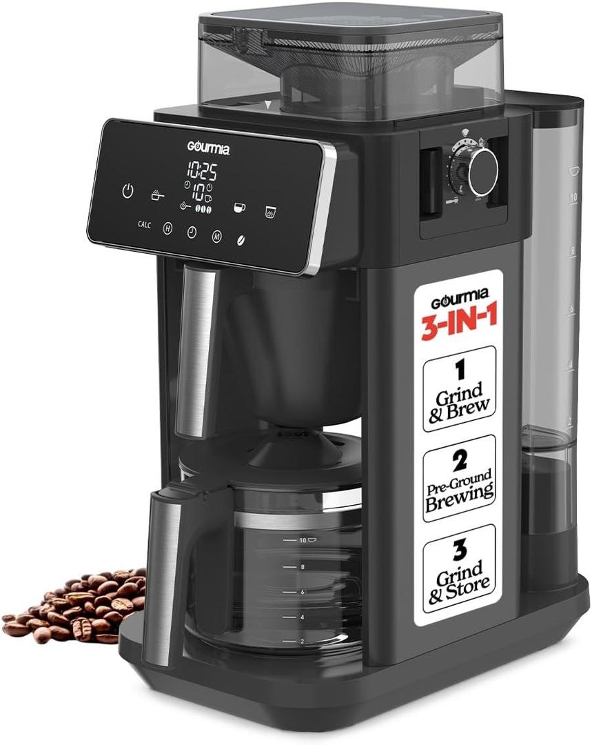 Gourmia 10-Cup Grind & Brew Coffee Maker  Built-in Adjustable Grinder, Programmable Digital Timer, 3 Brew Strengths, 4-Hour Keep-Warm, Auto Shut-Off, Pause & Serve, Glass Carafe, Stainless Steel