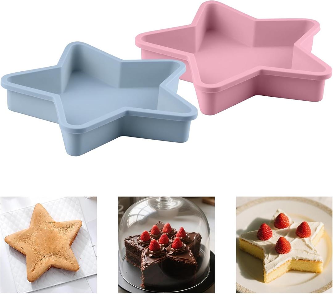 2 Pcs Star Shaped Cake Pans, 10 Inch Silicone Cake Molds, Silicone Baking Mold, Flexible Nonstick Baking Pans for Cakes, Cheese Cakes and Chocolate Cake, Blue, Pink