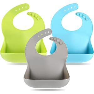 Silicone Bibs for Babies Toddler Set of 3, BPA Free, Soft Adjustable Waterproof Bibs for Feeding Essentials (Grey)