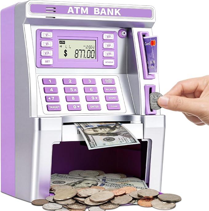 Purple Piggy Bank for Kids, ATM Machine Bank for Real Money with Debit Card, Bill Feeder, Coin Recognition, Balance Calculator, Electronic Savings Safe Box, Gifts for Teen Boy Girl