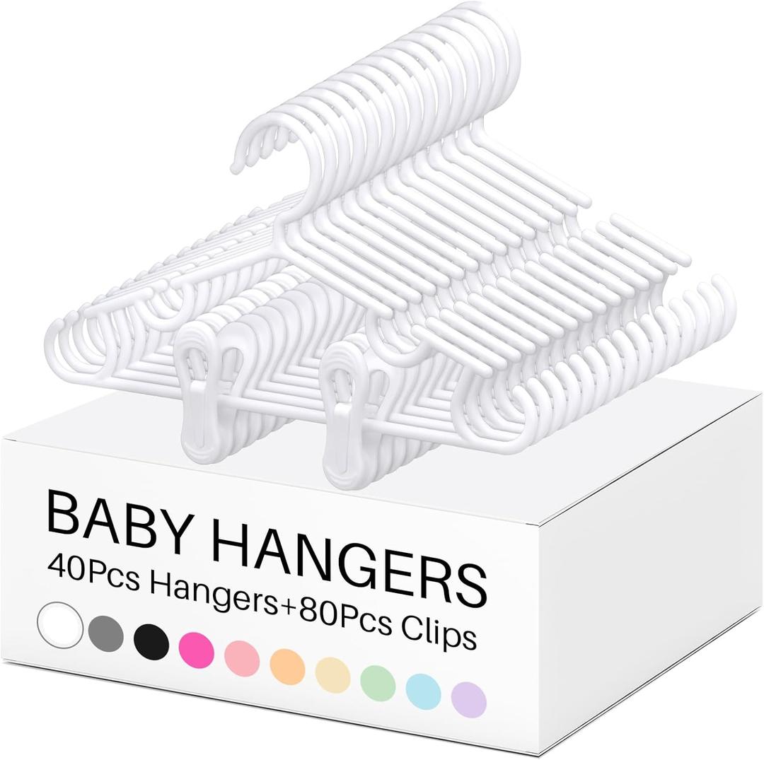 Hsei 5/10/40 Pack Baby Hangers with 10/20/80 Clips, Plastic Kids Pants Hangers for Nursery Closet Top and Bottom Clothes Hanger Set for Newborn Infant Toddler(120 Packs Total, White,10.6 Inch)