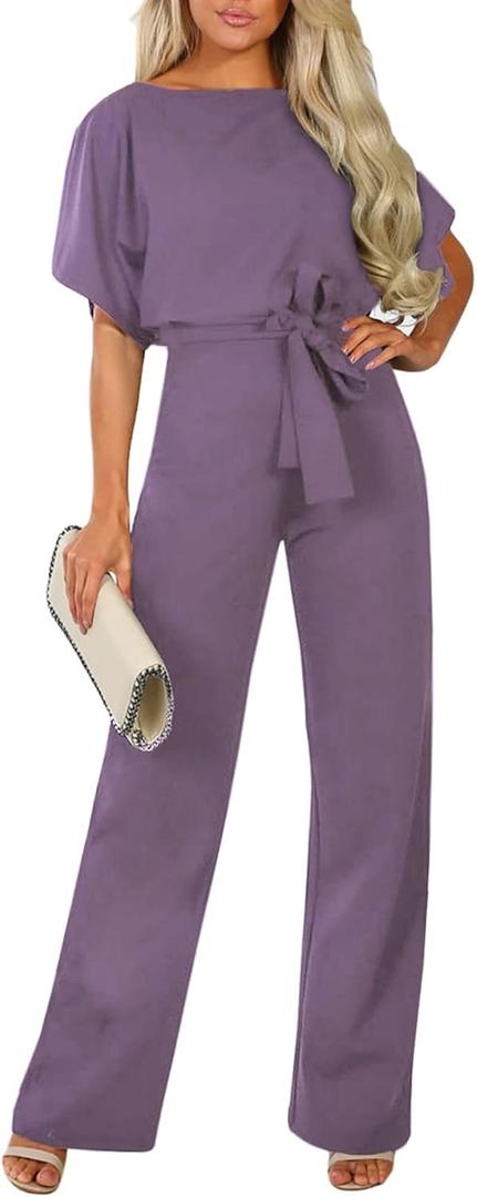Happy Sailed Womens Loose Short Sleeve Belted Wide Leg Pant Romper Jumpsuit Business Casual One Piece Outfits (Medium) Purple